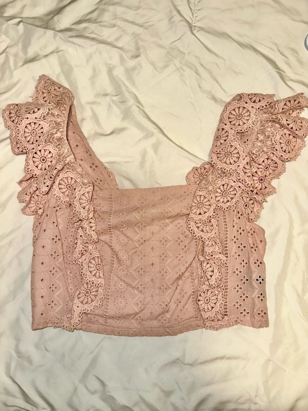 Altar’d State Lace Eyelet Ruffle Crop Top - Blush Pink